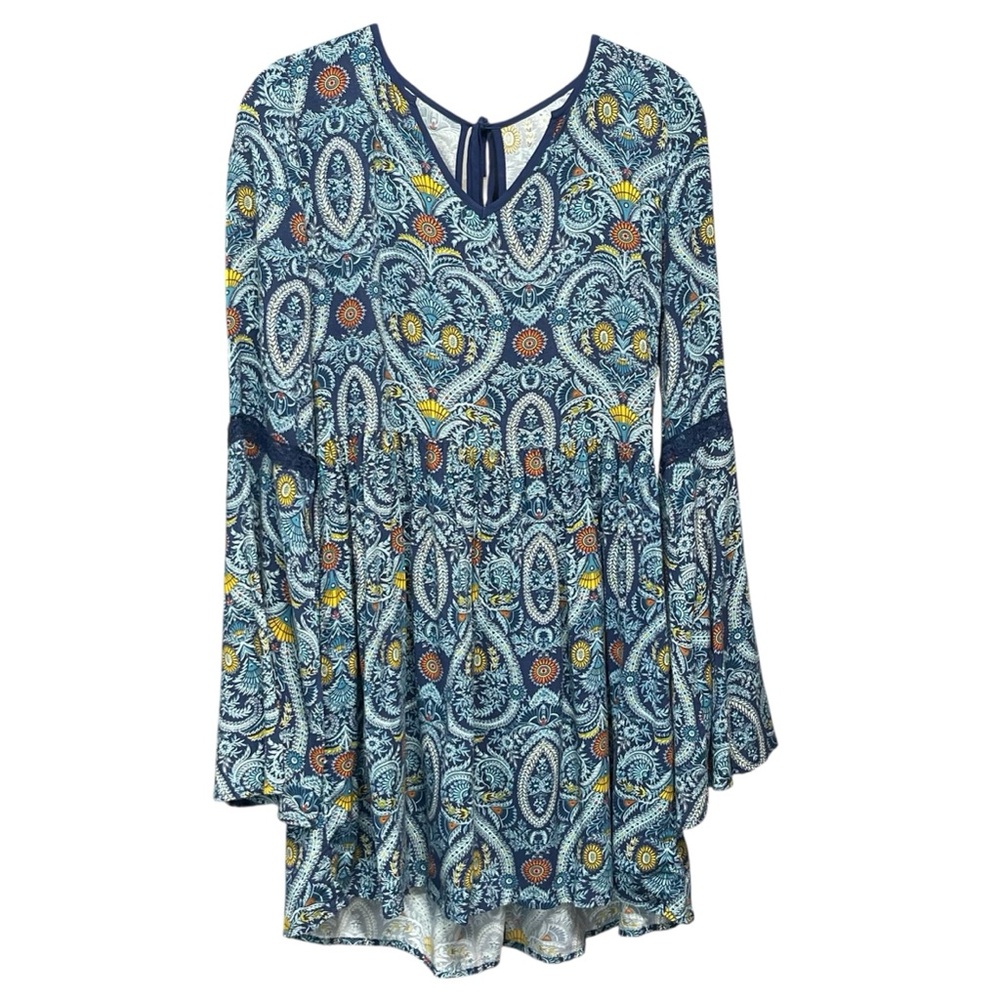 Band of Gypsies Blue and Yellow Paisley Dress Bell Sleeve Women’s Size Medium